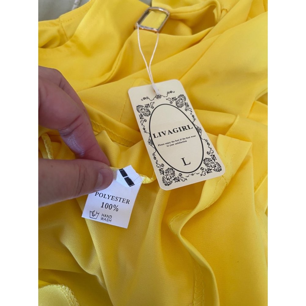 LivaGirl Vibrant Yellow Gold Accent Keyhole Front Sleeveless Midi Dress - Picture 13 of 13